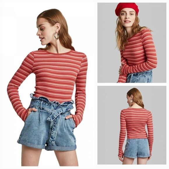 💜Wild Fable Striped Cropped Long Sleeve Top Medium - Picture 1 of 13